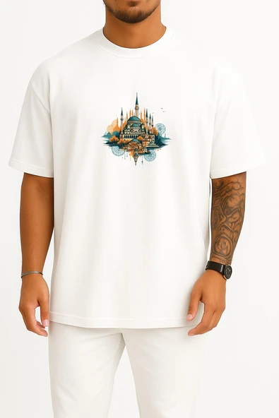 Oversize İstanbul Sultanahmet Camii Sanatsal Göğüs Tasarımlı Unisex T-Shirt - Resim 7