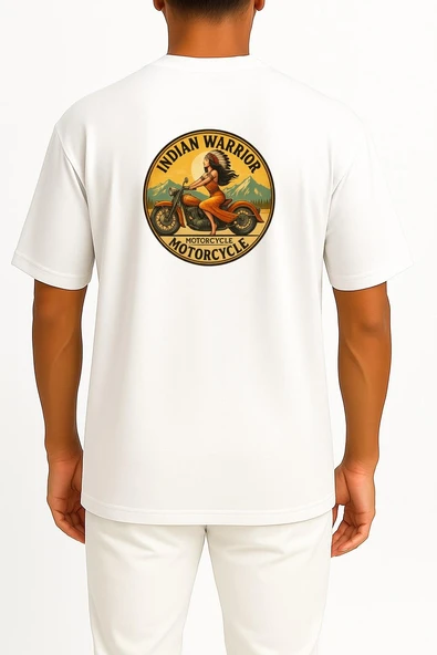 Oversize İndian Warrior Motorcycle Cep ve Sırt Baskılı Unisex T-Shirt - Resim 7