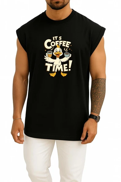 Oversize Kahve Zamanı - İt S Coffee Time Göğüs Baskılı Atlet - Resim 11