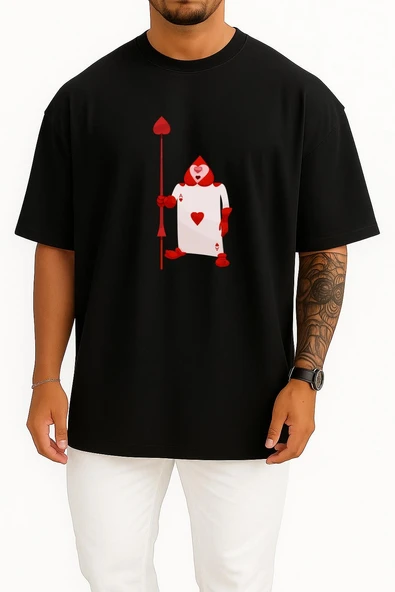 Oversize Alice Harikalar Diyarında Kalp Kartı Ace Göğüs Tasarımlı Unisex T-Shirt - Resim 11