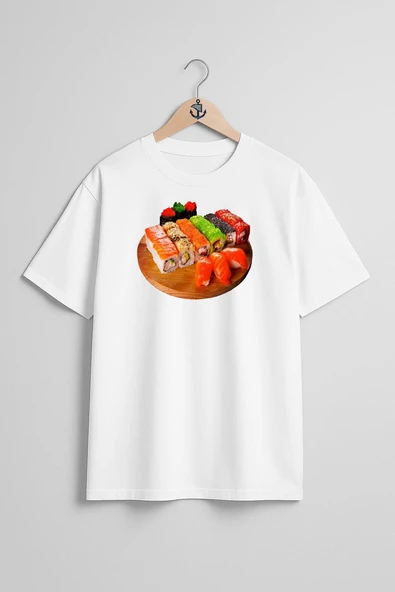 Oversize California Roll Sashimi Sushi Makizushi Unagi Göğüs Tasarımlı Unisex T-Shirt - Resim 3