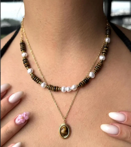 Altın Renk Taş Detaylı İkili Çelik Kolye ürün görseli 1