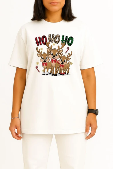 Oversize Hohoho Yeni Yıl Geyikleri Göğüs Tasarımlı Unisex T-Shirt - Resim 5