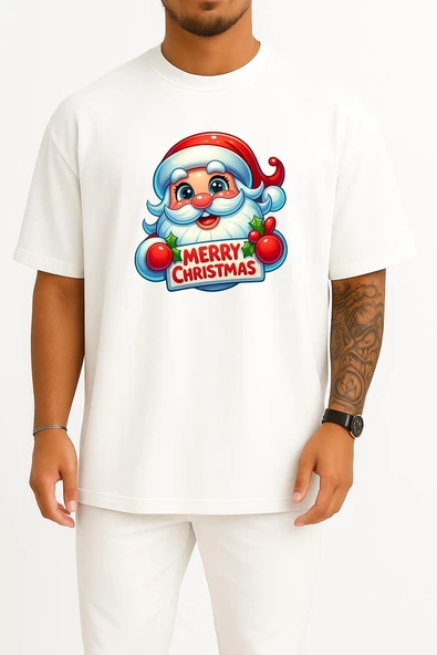 Oversize Merry Christmas Yılbaşı Göğüs Baskılı Unisex T-Shirt - Resim 7