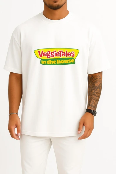 Oversize Veggietales İn The House Göğüs Tasarımlı Unisex T-Shirt - Resim 10
