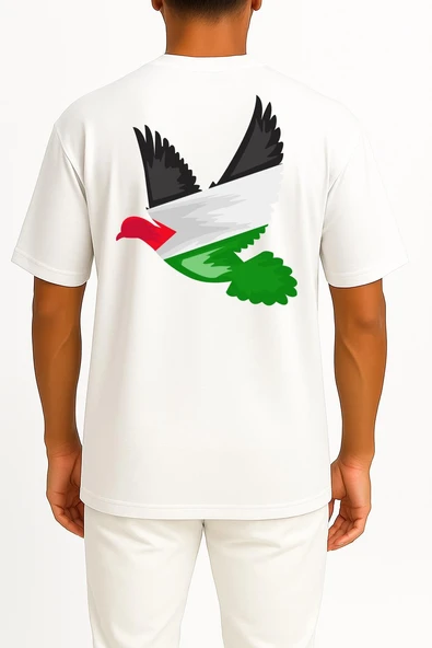 Oversize Barış Güvercini Filistin Cep ve Sırt Tasarımlı Unisex T-Shirt - Resim 5