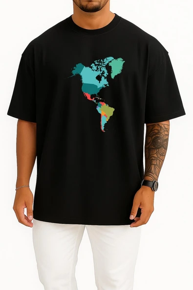 Oversize Amerika Kıtası Haritası Göğüs Tasarımlı Unisex T-Shirt - Resim 9