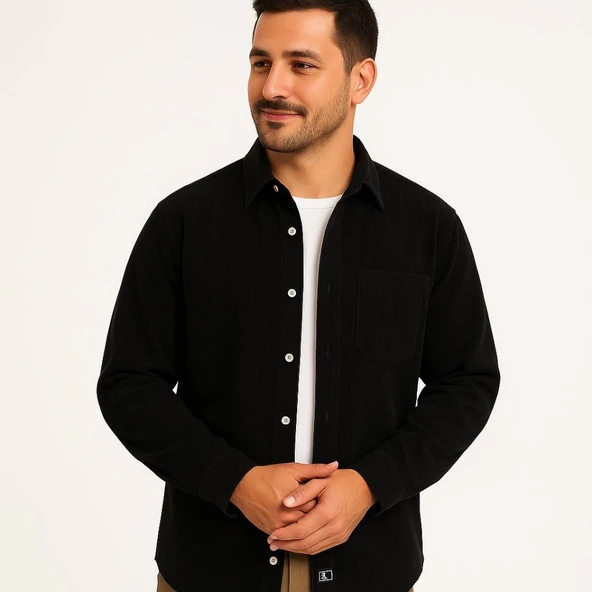 Erkek Fitilli Kadife Cepli Gömlek Oversize Rahat Kalıp - Siyah - Resim 4