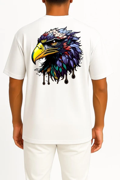 Oversize Illustration Of Eagle Head Cep ve Sırt Tasarımlı Unisex T-Shirt - Resim 5