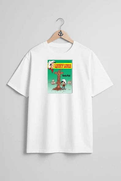 Oversize Kid Lucky, Statue Squaw Lucky Luke Göğüs Tasarımlı Unisex T-Shirt - Resim 3