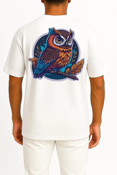 Oversize Sticker Owl Mascot Cep ve Sırt Tasarımlı Unisex T-Shirt - Resim 8