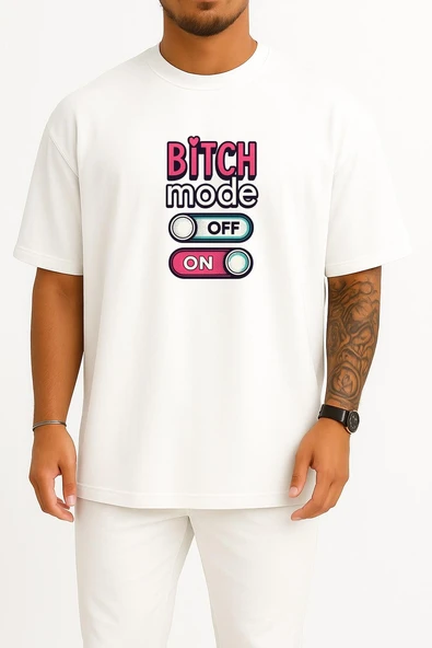 Oversize Bitch Mode On-Off Göğüs Tasarımlı Unisex T-Shirt - Resim 3