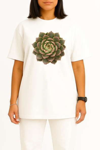 Oversize Echeveria Etli Bitki Cactaceae Houseleek Göğüs Tasarımlı Unisex T-Shirt - Resim 8