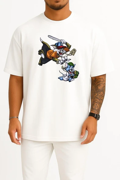 Oversize Erry Mouse Tom And Jerry Gangsta Rap Gangster Göğüs Tasarımlı Unisex T-Shirt ürün görseli