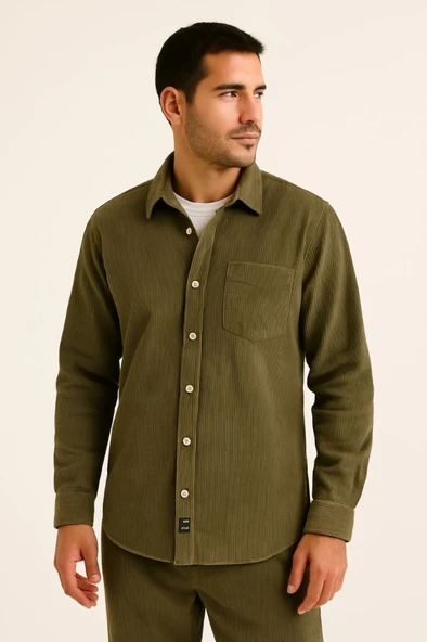 Erkek Fitilli Kadife Cepli Gömlek Oversize Rahat Kalıp - Haki - Resim 2