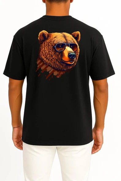 Oversize Gözlüklü Havalı Ayı Portresi Sırt Tasarımlı Unisex T-Shirt - Resim 11