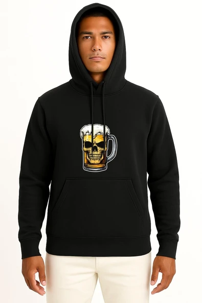 Kapüşonlu Foamy Skull Beer Göğüs Baskılı Unisex Sweatshirt - Resim 11