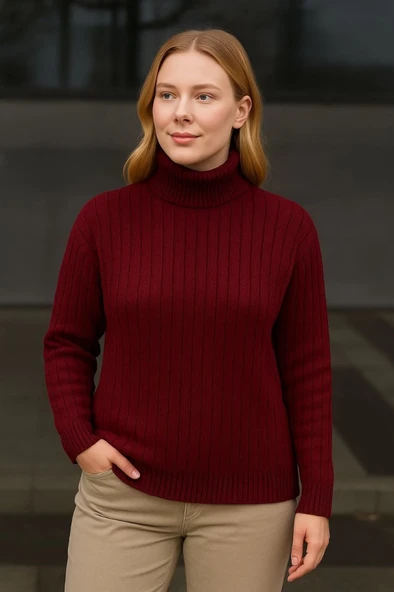 Balıkcı Yaka Bağazlı Triko Kazak Pamuklu Kalın Fitilli Dokuma - Bordo ürün görseli