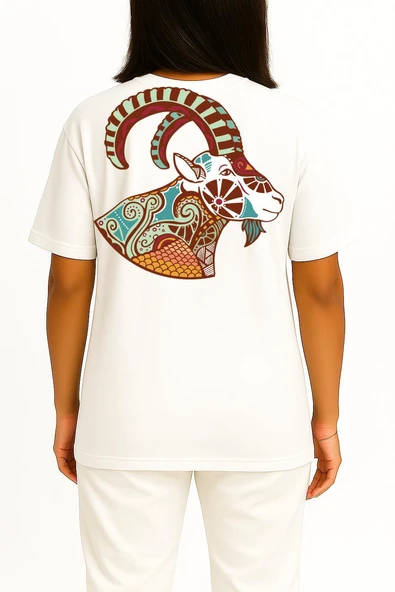 Oversize Oğlak Burç - Astroloji Cep ve Sırt Tasarımlı Unisex T-Shirt - Resim 4