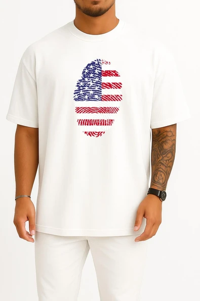 Oversize Amerika Birleşik Devletleri Parmak İzi Bayrak Göğüs Tasarımlı Unisex T-Shirt - Resim 5