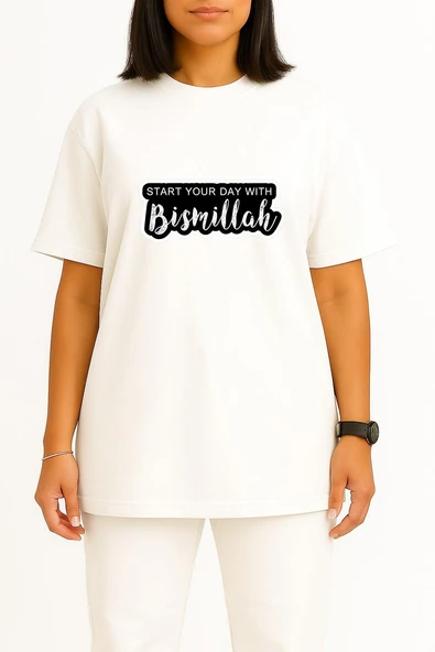 Oversize Güne Besmele Çekerek Başla Göğüs Tasarımlı Unisex T-Shirt - Resim 5