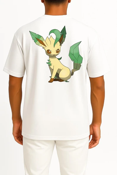 Oversize Leafeon Eevee Cep ve Sırt Tasarımlı Unisex T-Shirt - Resim 2