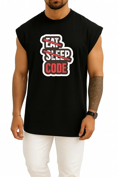 Oversize Yeme Uyuma Sadece Kod Yaz Yazılımcı - Programmer Göğüs Baskılı Atlet - Resim 9