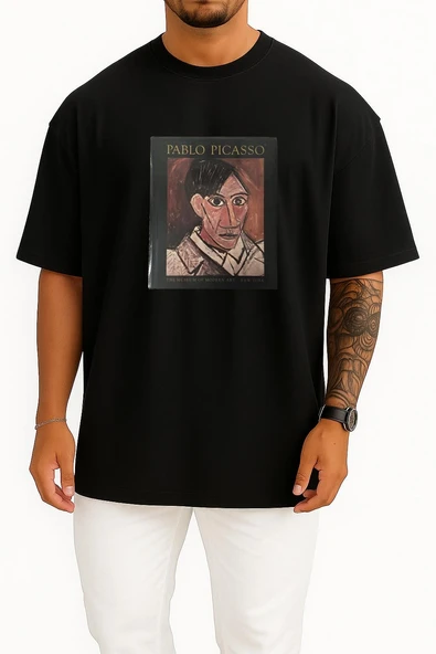Oversize Pablo Picasso, Retrospektif Picasso'nun Mavi Dönemi Göğüs Tasarımlı Unisex T-Shirt - Resim 9