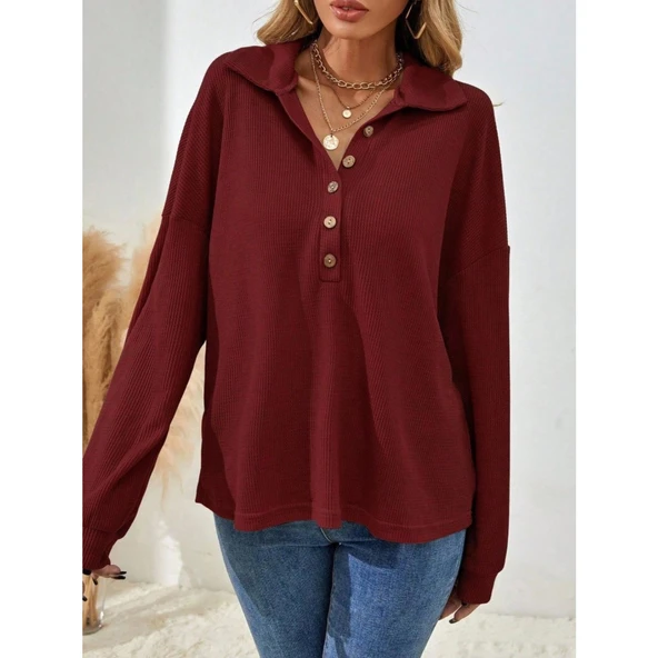 Lucky Life Kadın Uzun Kollu Yakalı Düğmeli Salaş Waffle Bluz - Resim 3