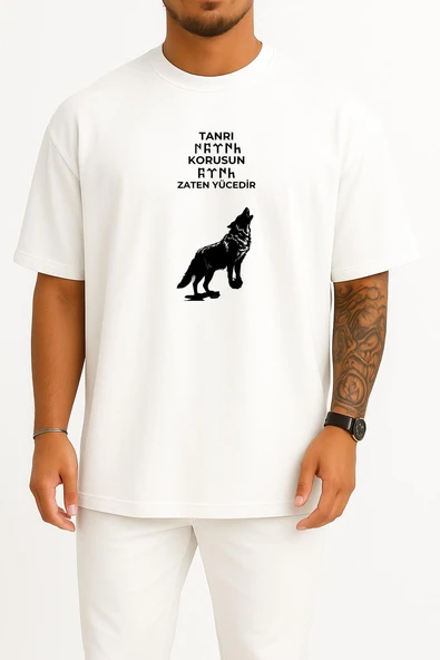 Oversize Göktürk Tanrı Türkü Korusun Göğüs Tasarımlı Unisex T-Shirt - Resim 5