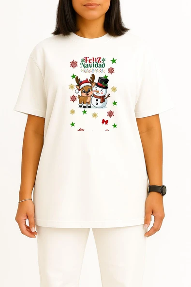 Oversize Feliz Navidad Yeni Yıl Yılbaşı Geyik Kardanadam Göğüs Tasarımlı Unisex T-Shirt - Resim 11