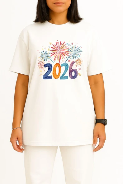 Oversize 2026 Yılbaşı Kutlama Göğüs Tasarımlı Unisex T-Shirt - Resim 8