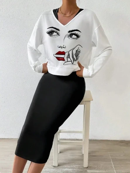 Kadın Askılı Yuvarlak Yaka Viskon Iki Iplik Elbise Ve V Yakalı Bluz Ikili Takım ürün görseli