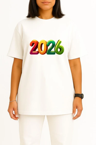Oversize 2026 Yılbaşı Göğüs Tasarımlı Unisex T-Shirt - Resim 2