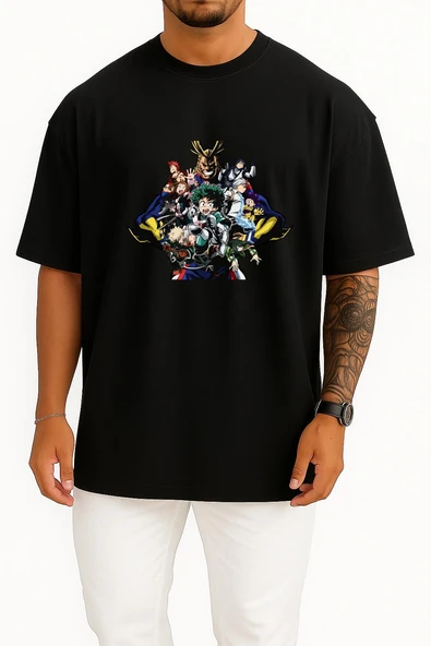 Oversize My Hero Academia Anime Göğüs Tasarımlı Unisex T-Shirt - Resim 9