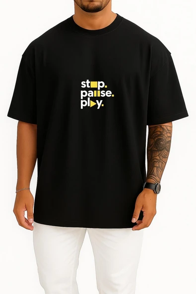 Oversize Stop Pause And Play Göğüs Tasarımlı Unisex T-Shirt - Resim 9