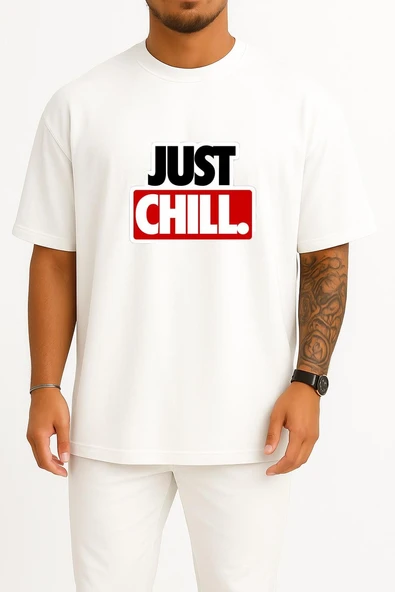 Oversize Just Chill Göğüs Tasarımlı Unisex T-Shirt - Resim 4
