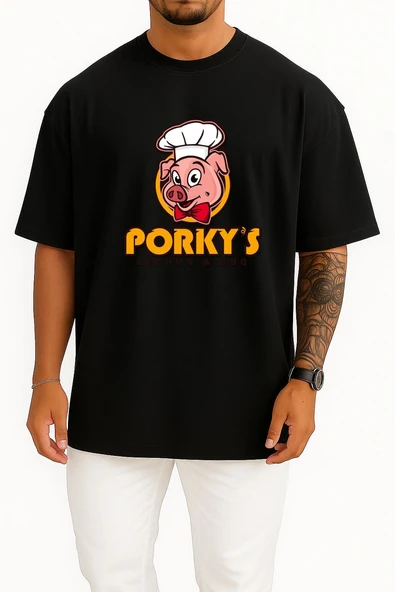 Oversize Porky's Lechon Barbecue Domuz Göğüs Tasarımlı Unisex T-Shirt - Resim 11