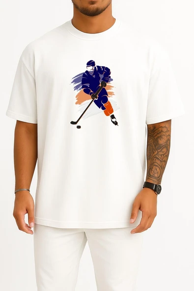 Oversize Ice Hockey Hockey Sticks Hockey Puck Göğüs Tasarımlı Unisex T-Shirt - Resim 7