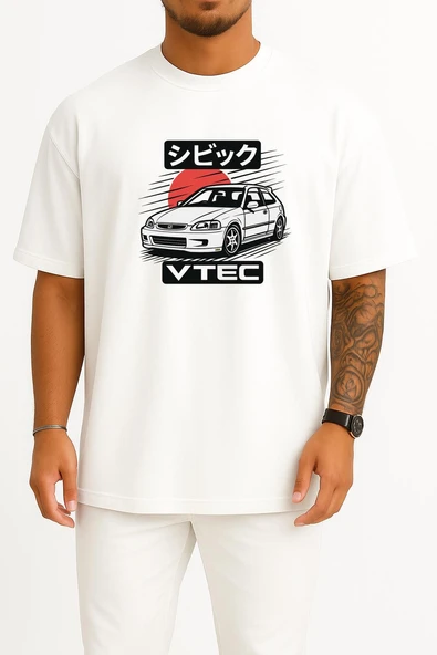 Oversize Honda Vtec Göğüs Tasarımlı Unisex T-Shirt - Resim 3
