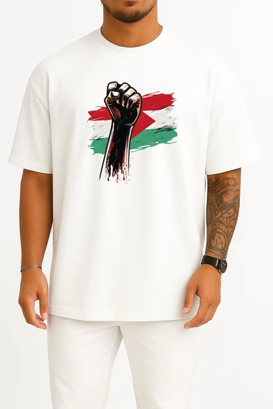 Oversize Özgür Filistin Göğüs Tasarımlı Unisex T-Shirt - Resim 7