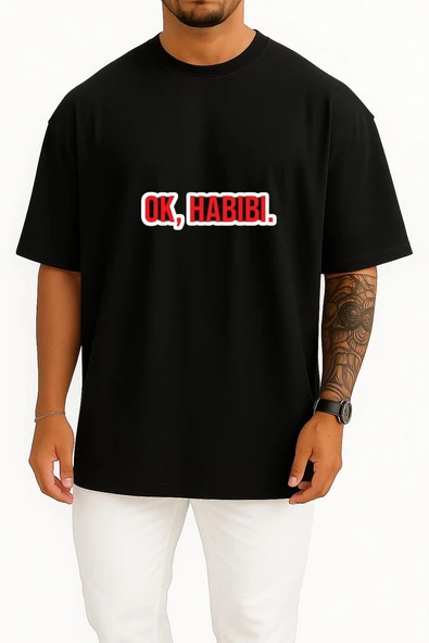 Oversize Ok Habibi Göğüs Tasarımlı Unisex T-Shirt - Resim 9