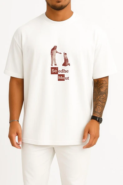 Oversize Seedhe Maut İndia Göğüs Tasarımlı Unisex T-Shirt - Resim 7