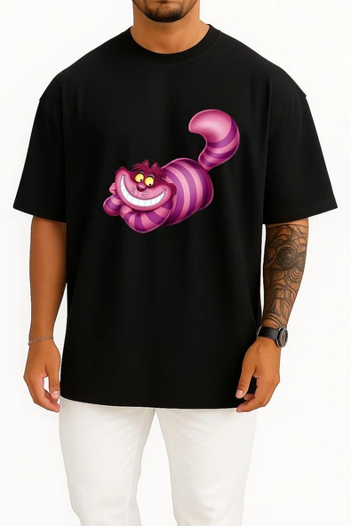Oversize Alice Harikalar Diyarında Cheshire İllüstrasyon Göğüs Tasarımlı Unisex T-Shirt - Resim 11