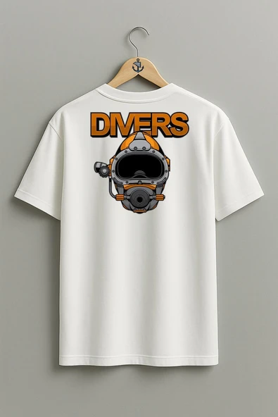 Oversize Divers Dalgıç Başlığı Göğüs ve Sırt Tasarımlı Unisex T-Shirt - Resim 5