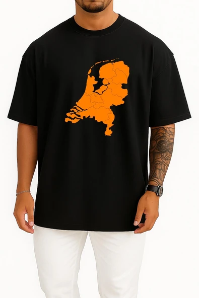 Oversize Netherlands Map Hollanda Ülke Haritası Göğüs Tasarımlı Unisex T-Shirt - Resim 11