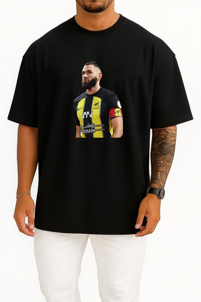 Oversize Karim Benzema Al Ittihad Saudi Göğüs Tasarımlı Unisex T-Shirt - Resim 9