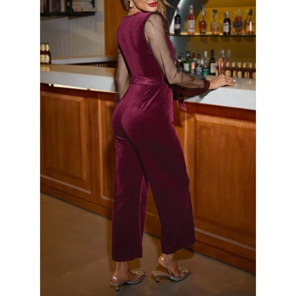 Lucky Life Kadın Uzun Kollu Kruvaze Yakalı Belden Kuşaklı Tül Detaylı Kadife Tulum ürün görseli 1