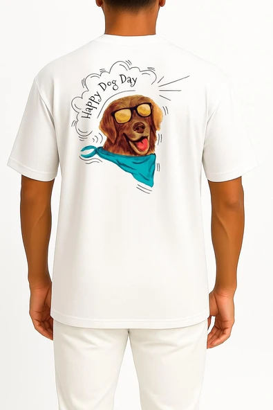 Oversize Funny Dog Wearing Sunglasses And Scarf Cep ve Sırt Tasarımlı Unisex T-Shirt - Resim 11