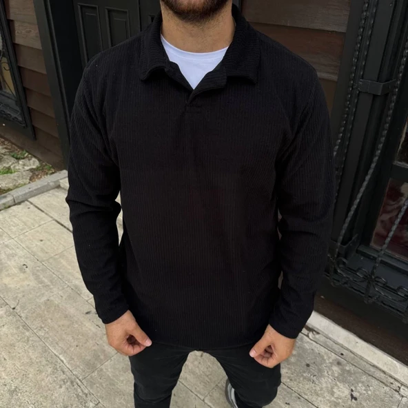 Erkek Fitilli Polar Sweatshirt – Düğmesiz Polo Yaka, Oversize Rahat Kalıp, Kalın Polar Kumaş, Kışlık Ve Baharlık Şık Günlük Üst - Siyah - Resim 2